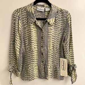 100% Silk Patchington Gray and Yellow Snakeprint Button Down Shirt Sz S